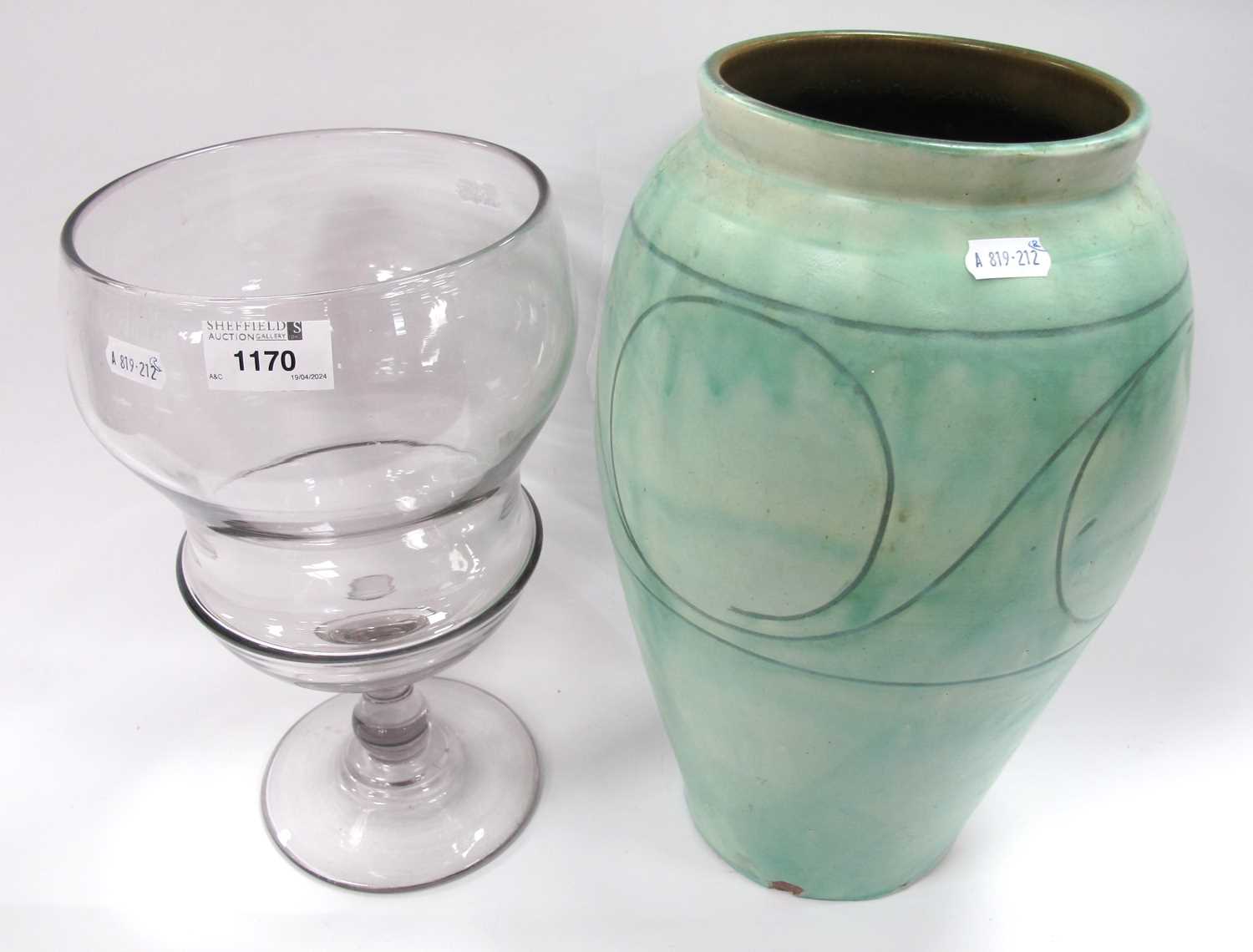 XIX Century Glass Jar, with a knob stem circular base, 30cm high, together with a green pottery vase - Image 2 of 2