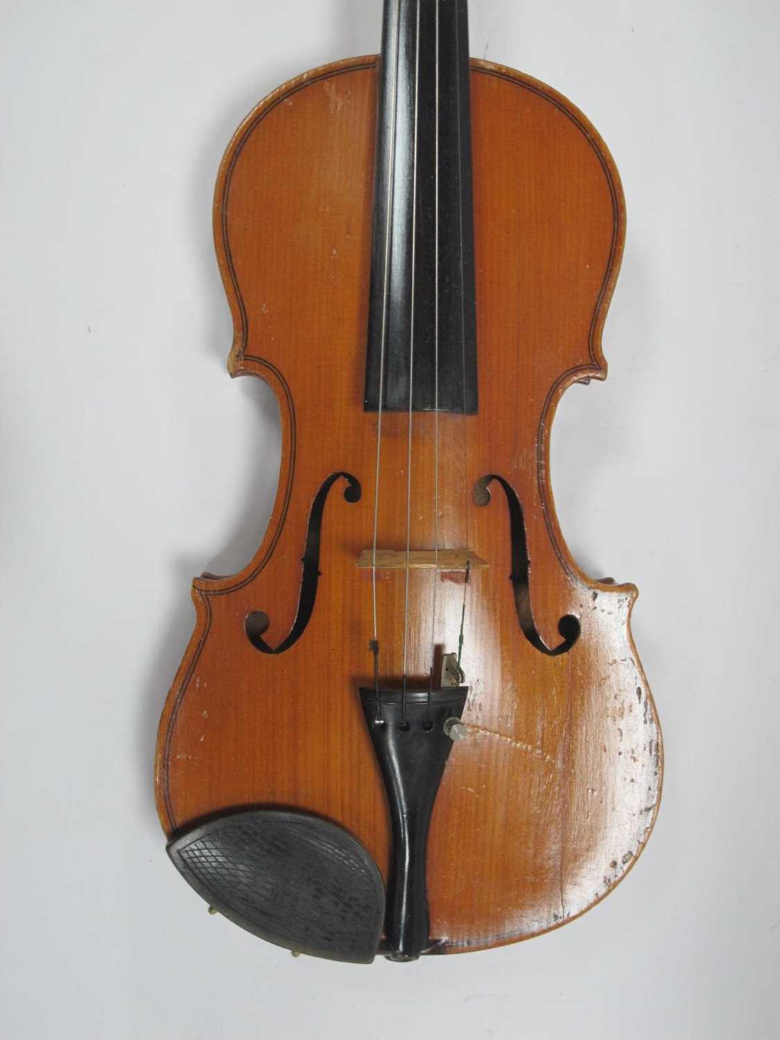 Violin, with two piece back, overall length 51.5cm, length of back 31cm, with bow and case. - Image 12 of 18