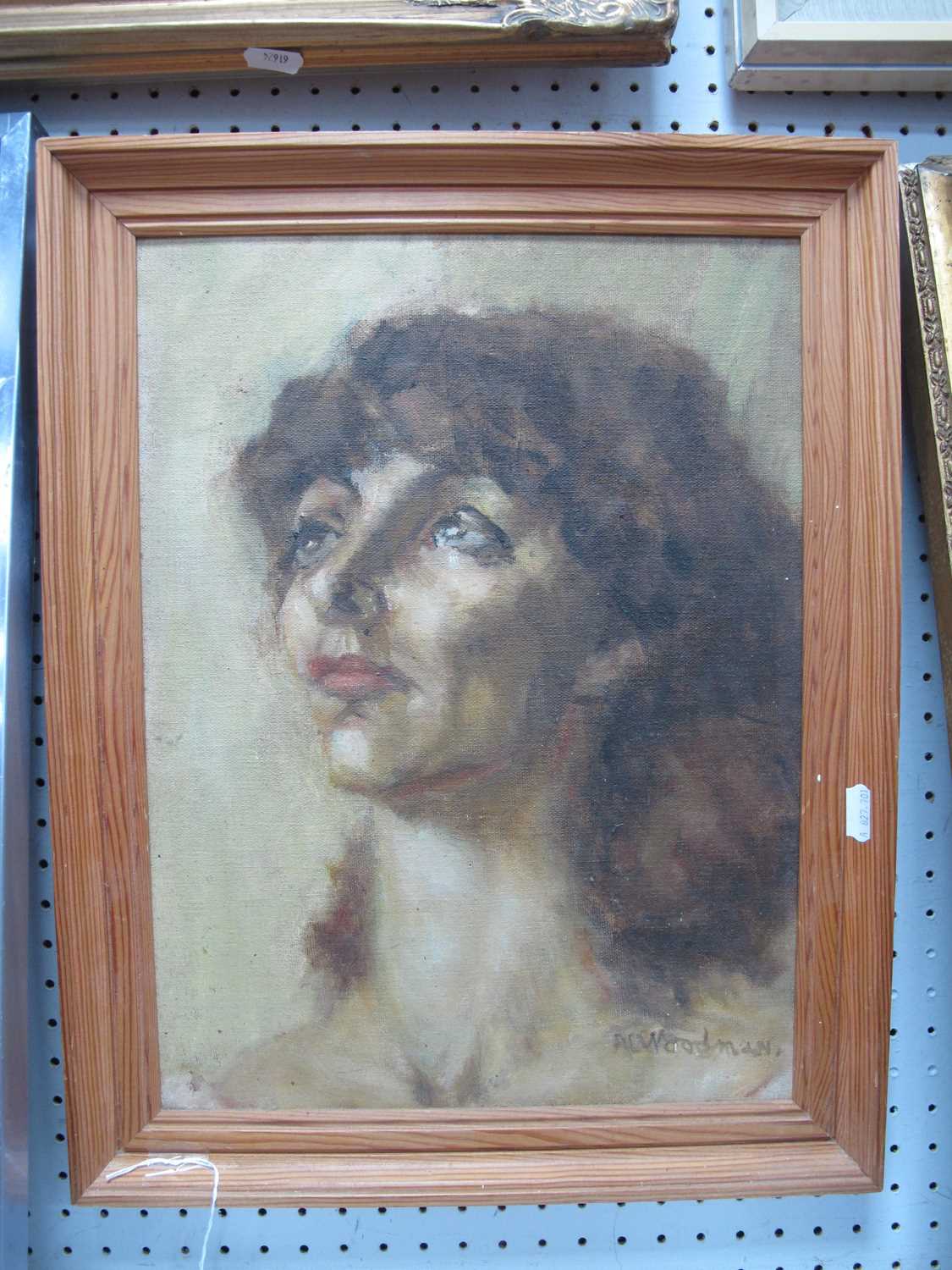 Alys Woodman, Portrait Study of a Lady Looking Upwards, oil on board, signed A.C Woodman lower - Image 2 of 2