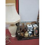 Lat Xx Century Armorial Ginger Jars, decanter, chemists bottles, tins, etc:- One Box, table lamp