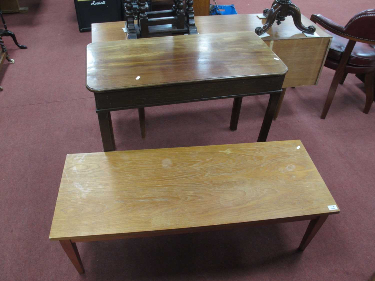 XIX Century Mahogany side Table (adapted), on fluted legs, 91.5cm wide. Teak veneered coffee