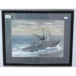 A mixed media picture of Royal Navy ship 'F189' signed indistinctively lower right, 27.5 x 37.5cm.