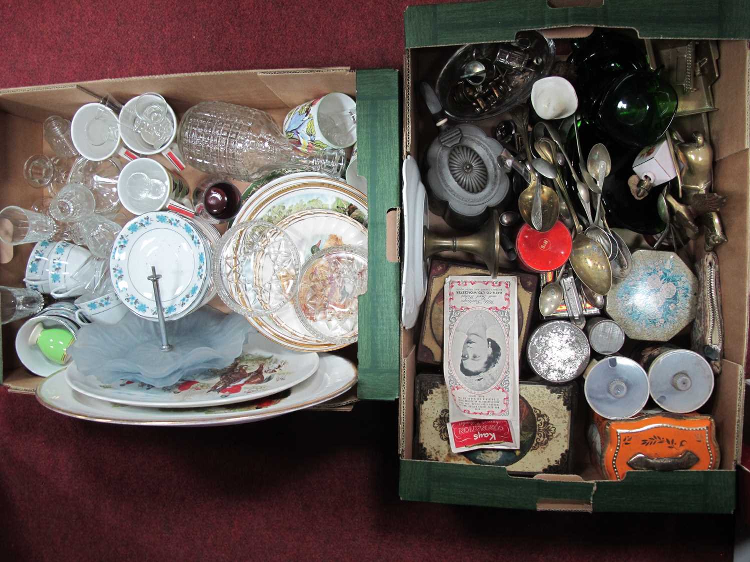 Tins, cutlery, glassware, ceramics, Kays calendar, etc:- Two Boxes.