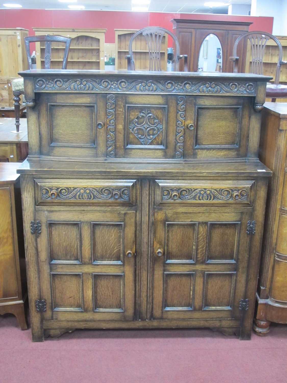 Taylor & Entwistle of Leeds, Oak Buffet Sideboard Circa 1930's, with canted upper cupboard doors, - Image 2 of 4