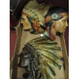 Plaster Wall Plaque of Red Indian Head, wearing traditional feather headdress, (tip faults), 38cm