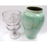 XIX Century Glass Jar, with a knob stem circular base, 30cm high, together with a green pottery vase