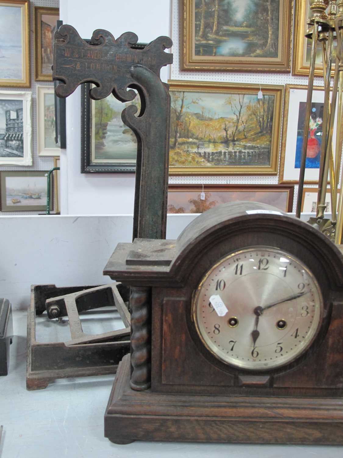 Oak Dome Cased Mantle Clock, with barley twist pillars, eight-day movement. Avery iron scale frame