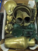 An assortment of brass ware to include Ibrasco scales and weights, pair of decorated shells, large