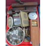 One Tin of Mixed XIX Century and Later coinage, dominoes, tape measures, etc:- One Tray.