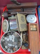 One Tin of Mixed XIX Century and Later coinage, dominoes, tape measures, etc:- One Tray.