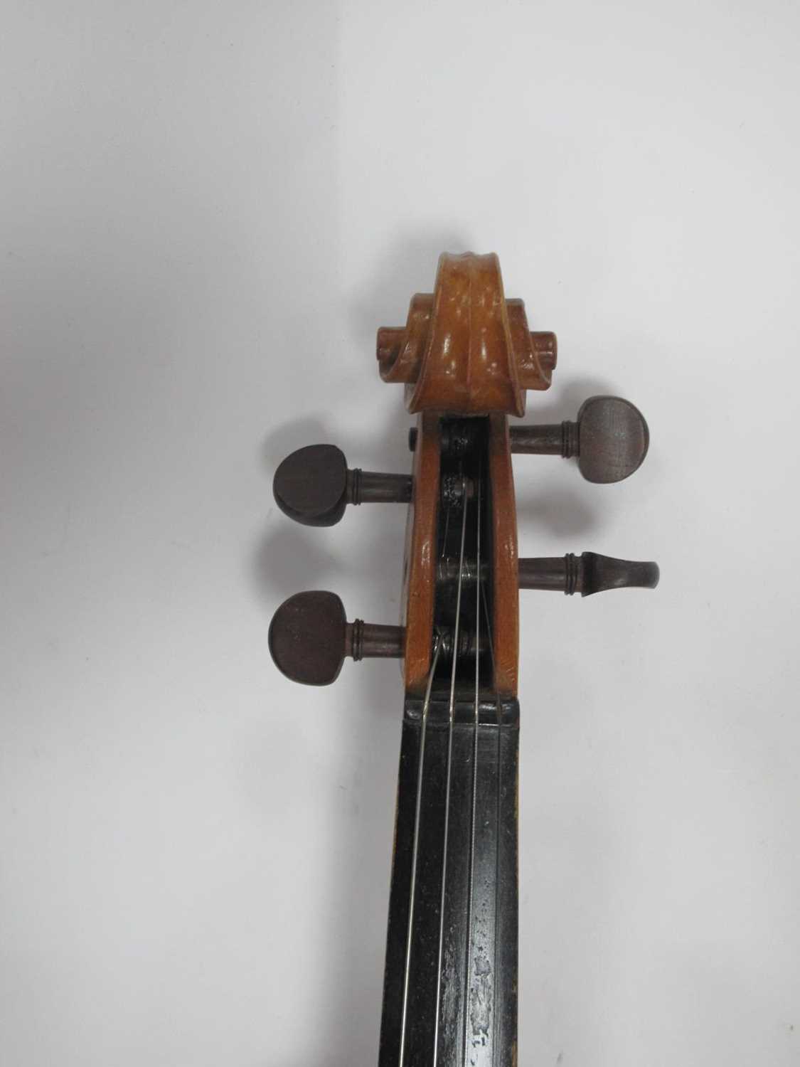 Violin, with two piece back, overall length 51.5cm, length of back 31cm, with bow and case. - Image 13 of 18