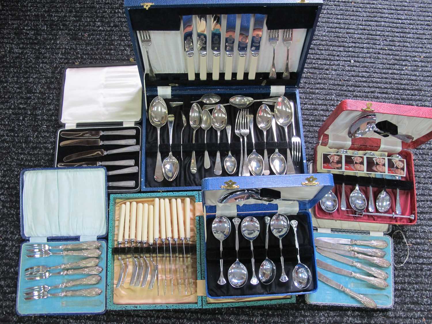 Cased Cutlery, including fruit knives and forks, silver handled tea knives, etc:- One Box.