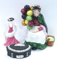Wedgwood Black Jasperware Trinket Box, 11cm wide, Coalport figurine 'Debutantes Poppy' 13cm high,