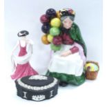 Wedgwood Black Jasperware Trinket Box, 11cm wide, Coalport figurine 'Debutantes Poppy' 13cm high,