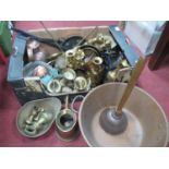 Libra Brass Weighing Scales and Weights, copper pan, posser, brass ornaments etc:- One Box
