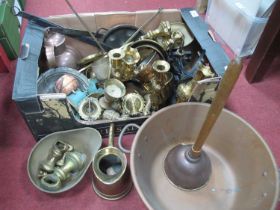 Libra Brass Weighing Scales and Weights, copper pan, posser, brass ornaments etc:- One Box