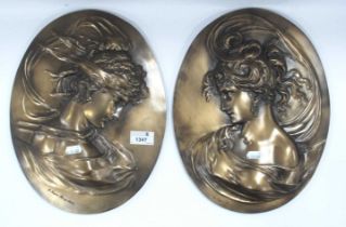 A pair of large Art Nouveau style relief plaques 'C Lapini Firenze 1880' marked to bottom, 33.5cm