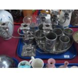 Glass Bon Bon Dish, on pierced metal pedestal plated candelabra, twin handled circular tray,