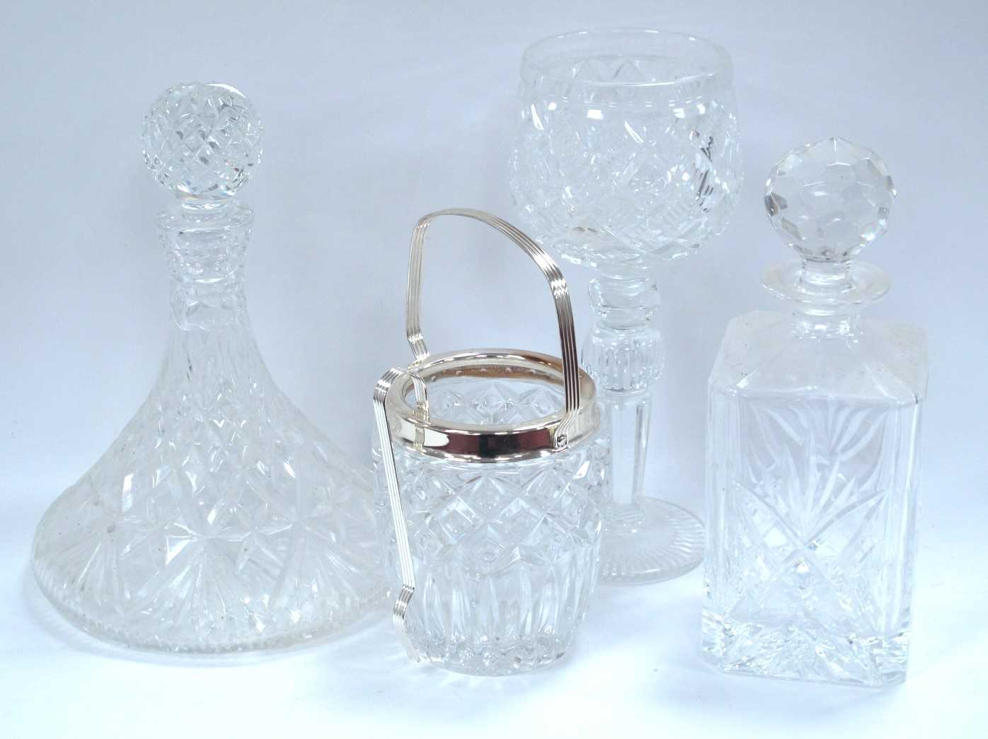 Glassware to include Royale County hand cut glass decanter, ships decanter, large goblet and ice