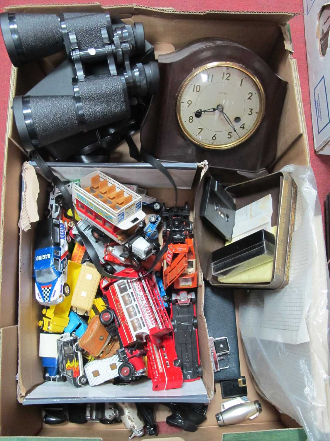 Novelty Lighter, razor, Smiths mantel clock, Mark Scheffel binoculars, stamps, etc:- One Box.