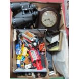 Novelty Lighter, razor, Smiths mantel clock, Mark Scheffel binoculars, stamps, etc:- One Box.