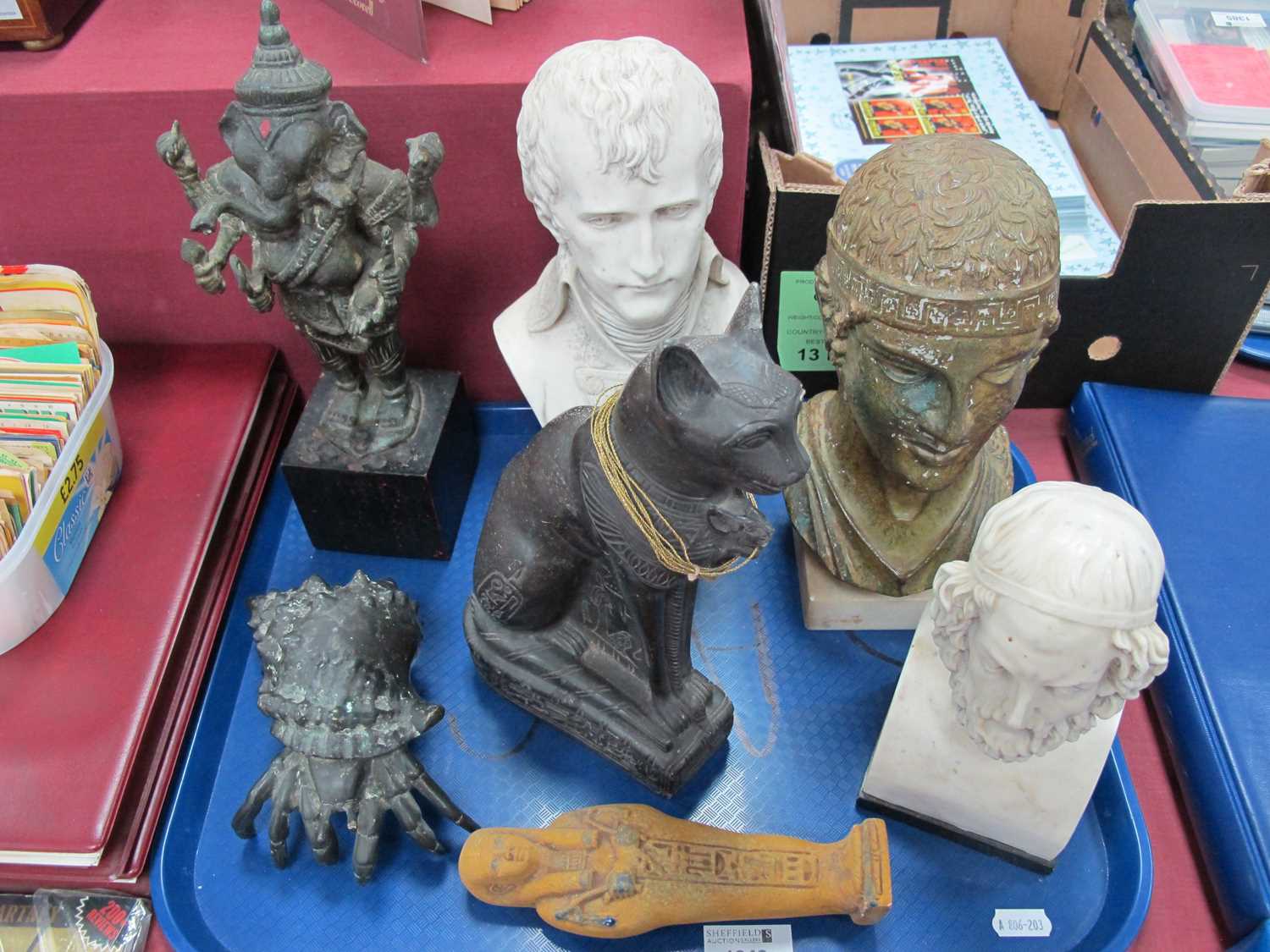 Bust of Homer, bust of Napolean, a figure of Egyptian cat, etc:- One Tray.