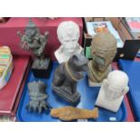 Bust of Homer, bust of Napolean, a figure of Egyptian cat, etc:- One Tray.