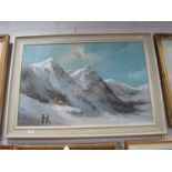 P Crisom?, oil on canvas of a Mountain scene and a village in the foreground, signed bottom left,