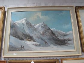 P Crisom?, oil on canvas of a Mountain scene and a village in the foreground, signed bottom left,