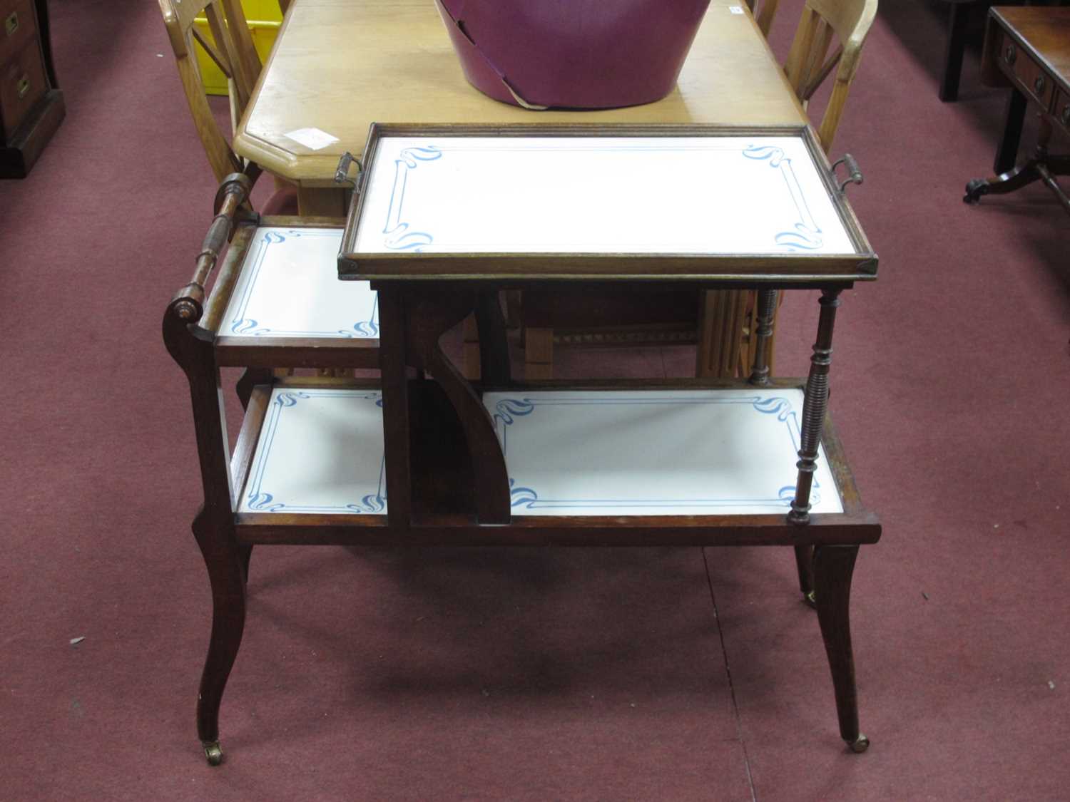 Art Nouveau Mahogany Drinks Dinner Trolley, with a detachable tray top, with undershelf, on shaped