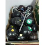 A large collection of bowls balls including makers: Taylor, Cahllenger, Hemselite, Greenmaster