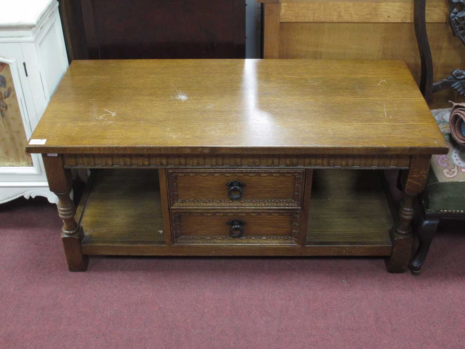 Oak Rectangular Shaped Coffee Table, with two centre drawers, on turned and block supports, 102cm - Image 2 of 2