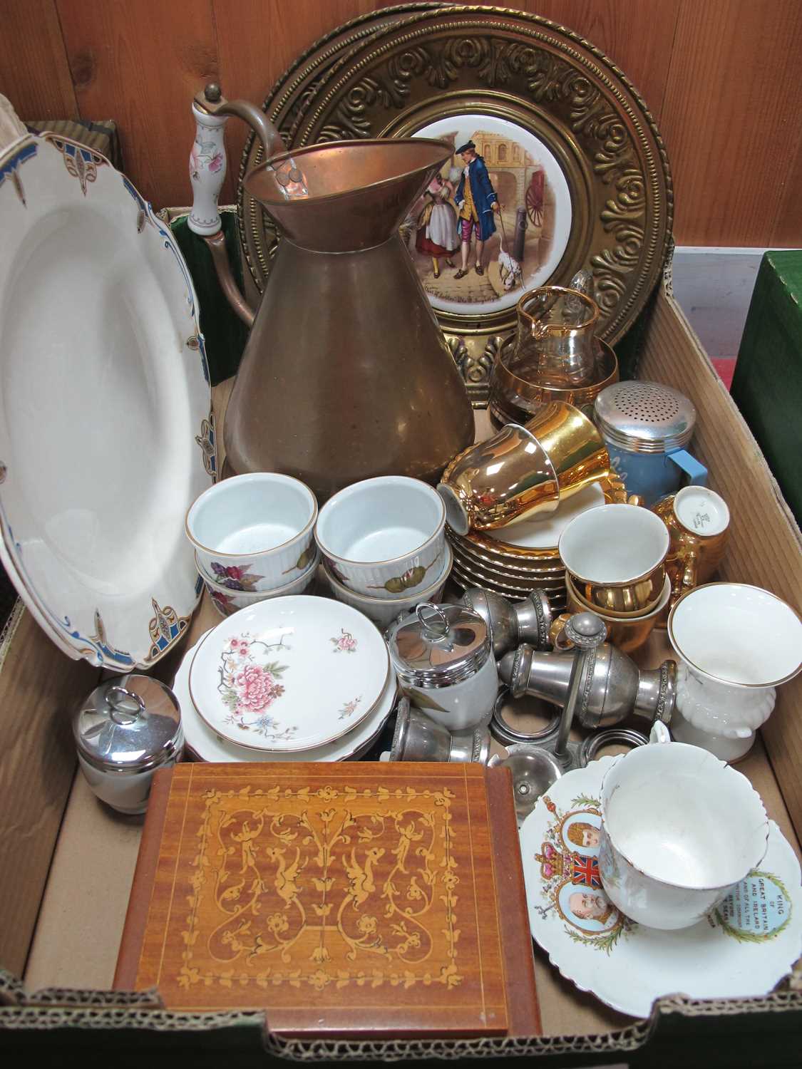 Two Brass Plaques with Pottery Centres, Worcester ramekins, other ceramics, condiment set, cigarette