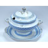 A large tureen on stand decorated in blue and white motif pattern and gilt, 'Kent' marked to base of