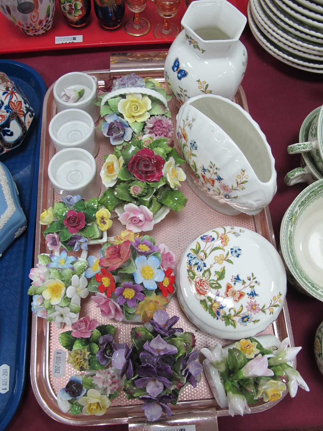 Aynsley 'January Snowdrop' Posie, other posies, Aynsley 'Cottage Garden' vase, etc:- One Tray.