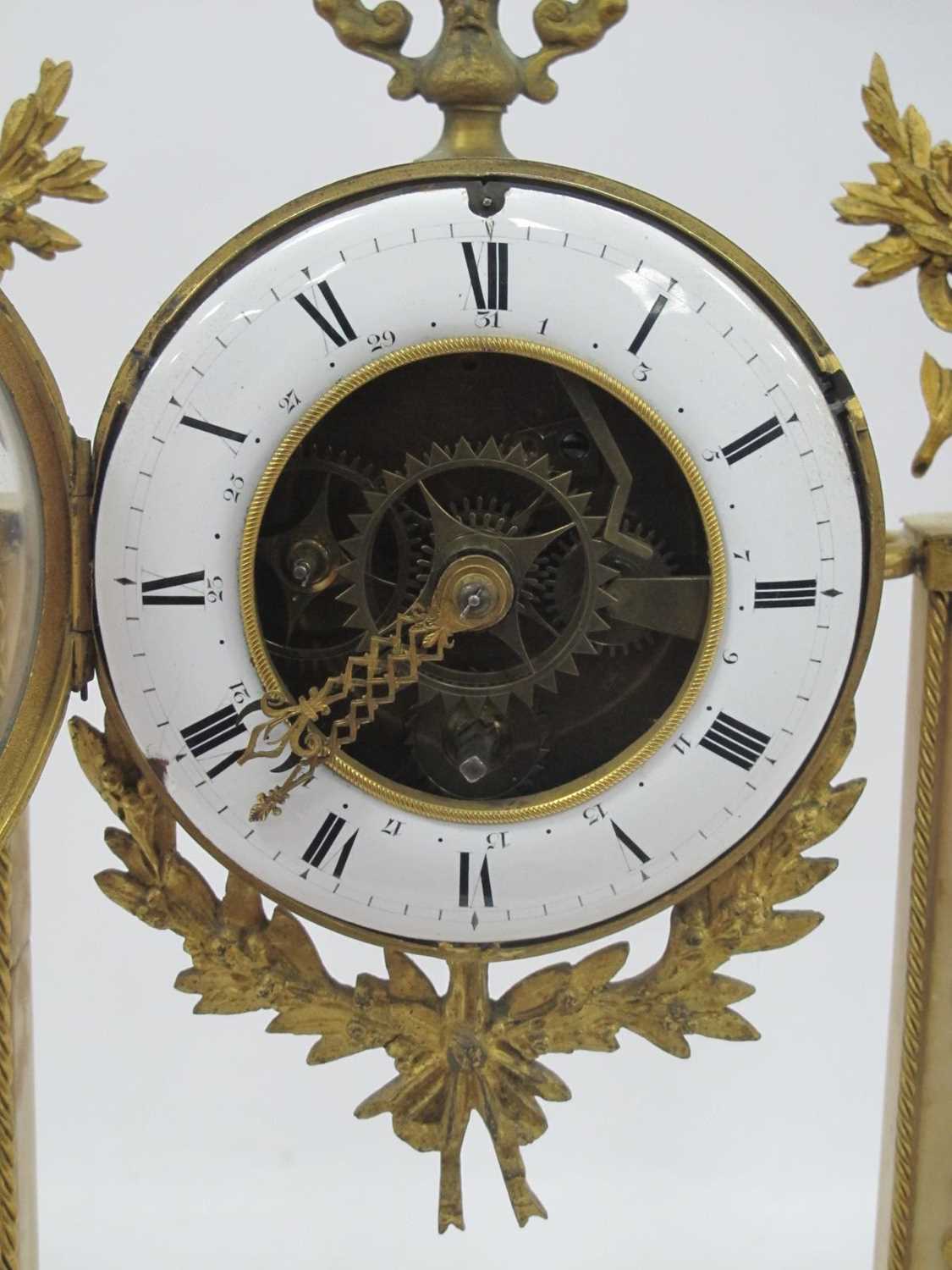 A Late XIX Century French Mantle Clock, the gilt metal and marble case with side columns mounted - Image 3 of 7