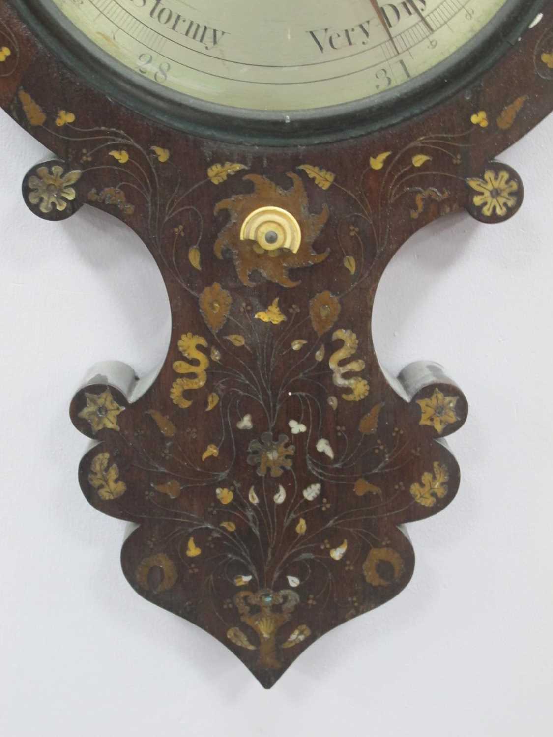 A Late XIX Century Banjo Barometer, the rosewood case inset with mother of pearl and metal wire with - Image 5 of 7