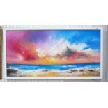 Anna Schofield print of beach scene with vibrant sunset skyline in white frame, 49 x 119cm.