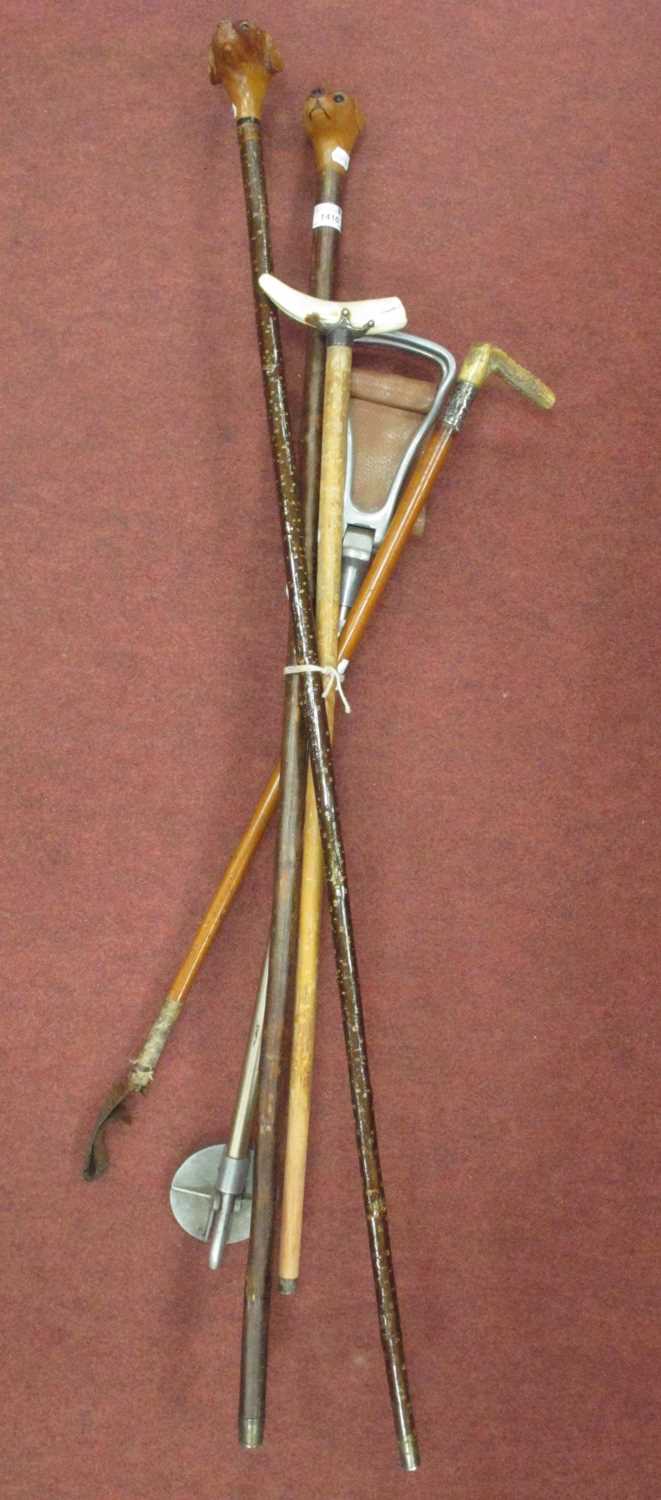 Walking Stick with a Tusk Handle, two walking sticks with carved heads, shooting stick, and a riding