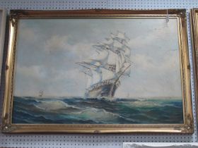 Brown?, Clipper Ships at Sea, mid to late XX Century oil on canvas, signed lower left, 60 x 90cm.