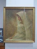 Circa Early XX Century School, study of a young lady in a reflective mood, wearing a white veil, oil