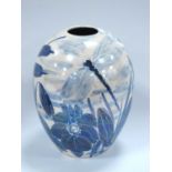 Anita Harris Blue and White Lustre 'Dragonfly' Delta Vase, gold signed, 15cm high.