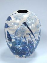 Anita Harris Blue and White Lustre 'Dragonfly' Delta Vase, gold signed, 15cm high.