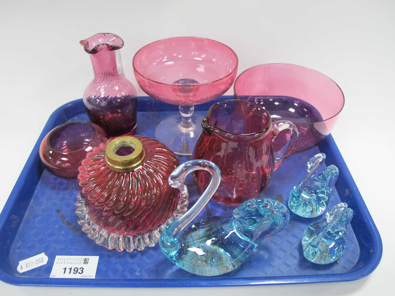 XIX Century Cranberry Glass Bowl, jugs, glass swans, etc:- One Tray.