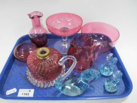 XIX Century Cranberry Glass Bowl, jugs, glass swans, etc:- One Tray.