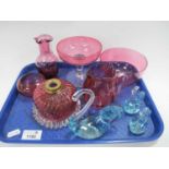 XIX Century Cranberry Glass Bowl, jugs, glass swans, etc:- One Tray.