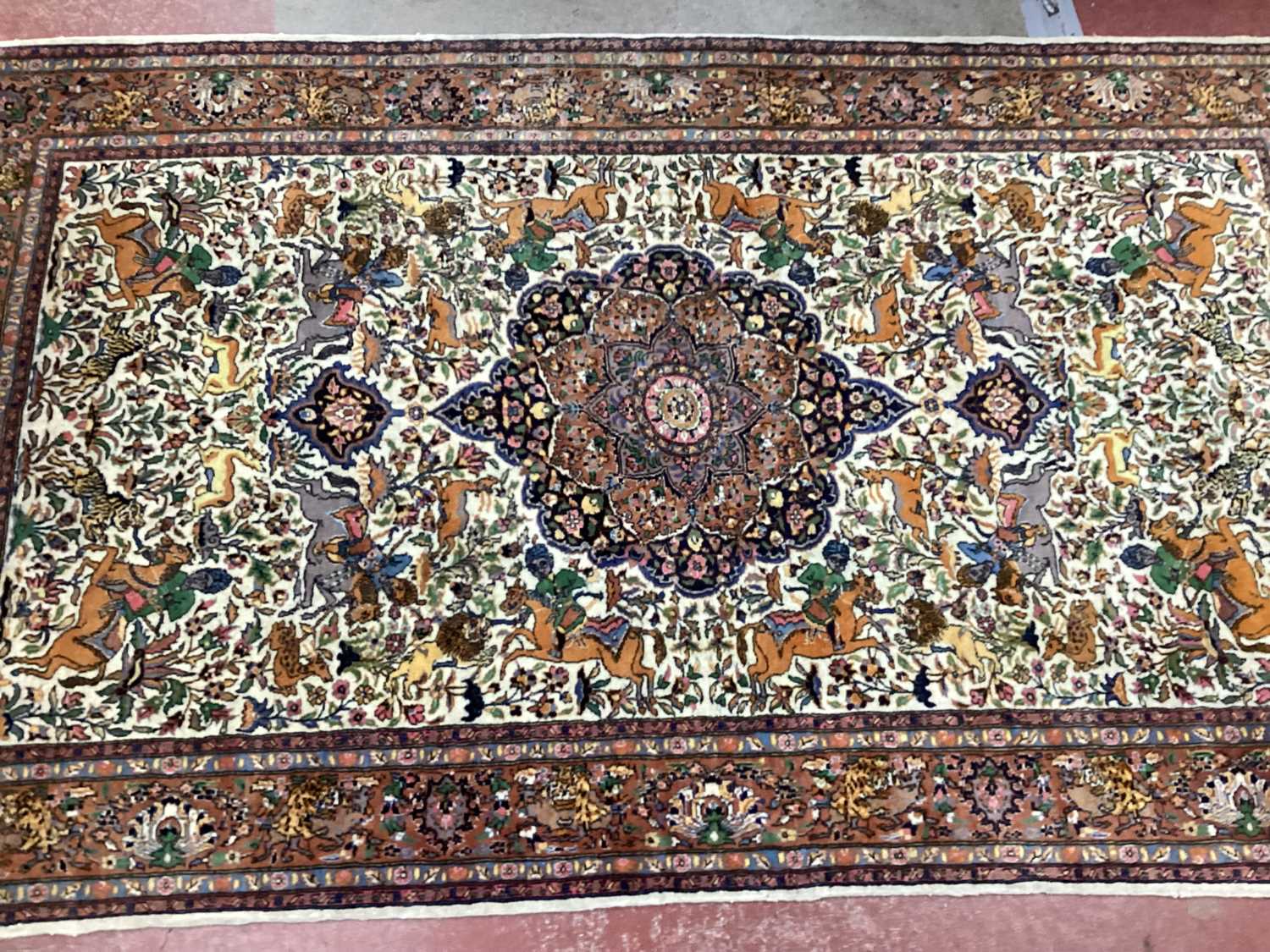 XX Century Silk Middle Eastern Rug, with central motif surrounded by hunting scenes and animals, - Image 2 of 3