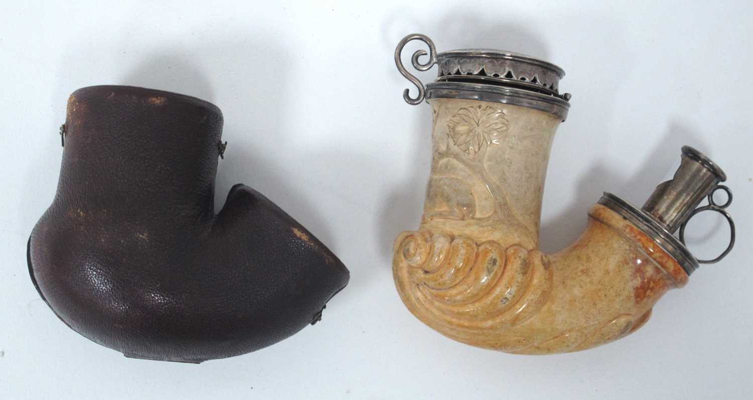 A German XIX Century Meerschaum Pipe, with white metal mounts engraved 'WACG', carved with a deer