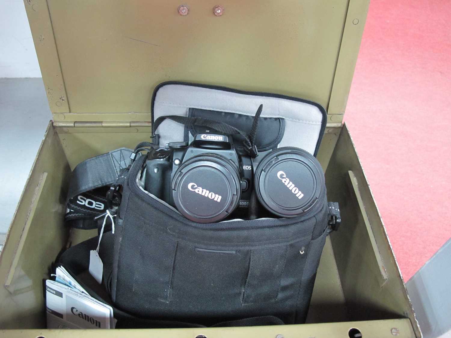 Canon EDS 400D Digital Camera, having 18-55 lens, zoom lens,m in carry case, Siroma metal safe, 40cm