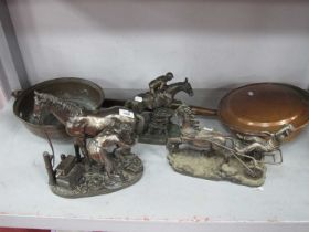 Three Bronzed Horse Figure Groups; a late XIX Century copper warming pan and an Eastern copper bowl.